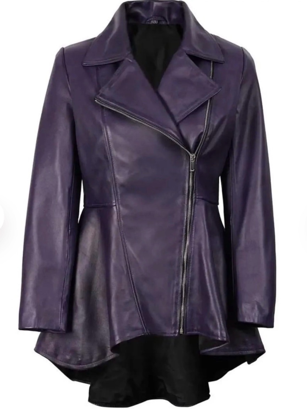 NWT Women’s Asymmetrical Peplum Purple Leather Jacket with small imperfections